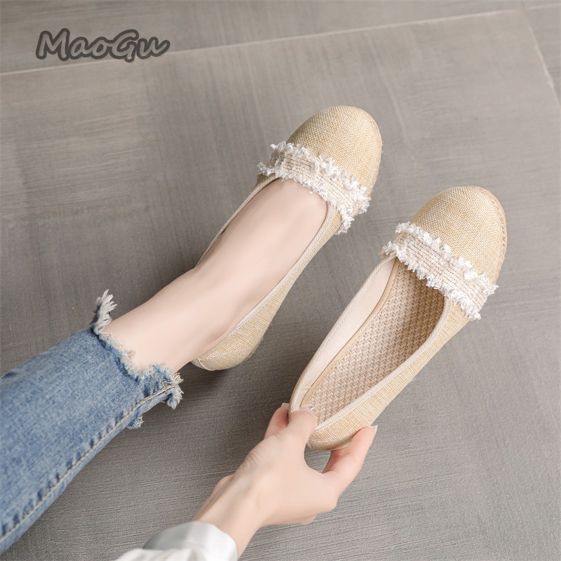 Espadrille Wedge Shoes - Damen-Espadrille-Keilabsatzschuhe, runde Zehenpartie, Slip-On-Freizeitschuhe, atmungsaktives, leichtes
