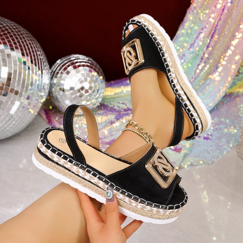 Espadrille Wedge Shoes - Damen-Plateau-Espadrille-Sandalen mit Strass-Metallschnalle, offener Zehenpartie, Slingback,