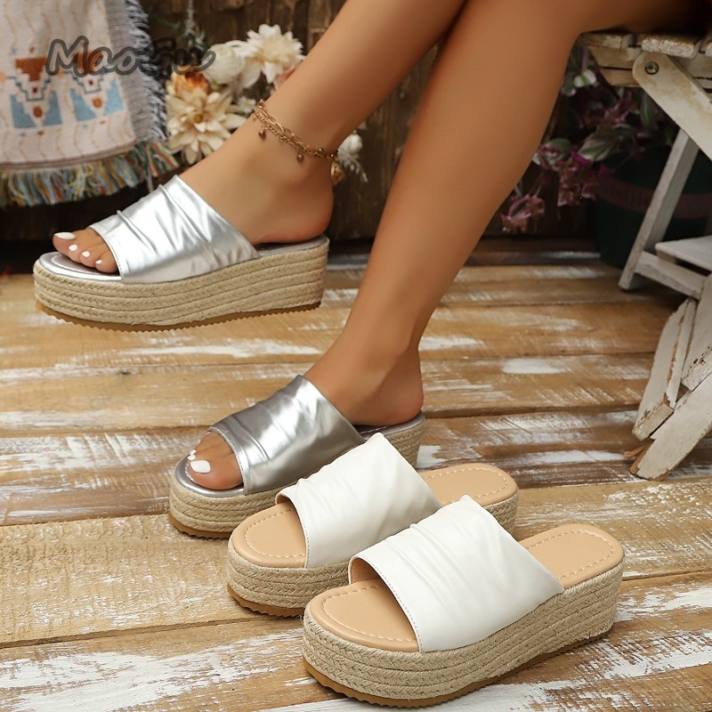Espadrille Wedge Shoes - Damen Espadrille Keilabsatz-Sandalen mit Raffung, offene