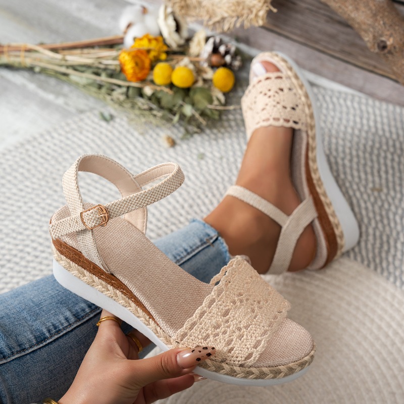 Espadrille Wedge Shoes - Damen-Sandalen mit Spitze und Keilabsatz, Espadrille-Plattform,