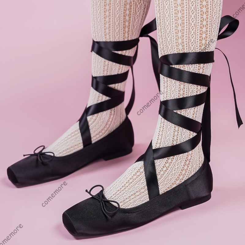 Shoes For Women Flats - Damen-Ballerinas mit Satinband und Krawatte, quadratische