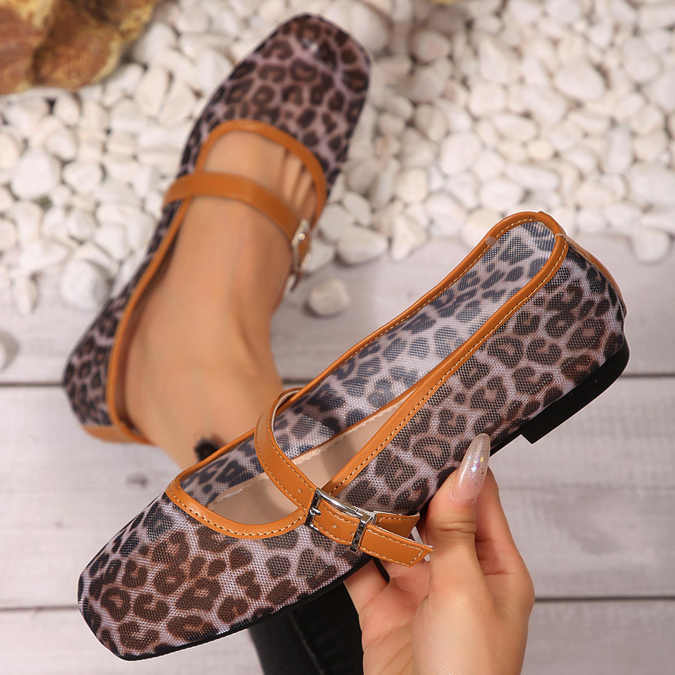 Shoes For Women Flats - Damen Leopard-Mesh-Flats mit eckiger Zehenpartie, Schnallenriemen,