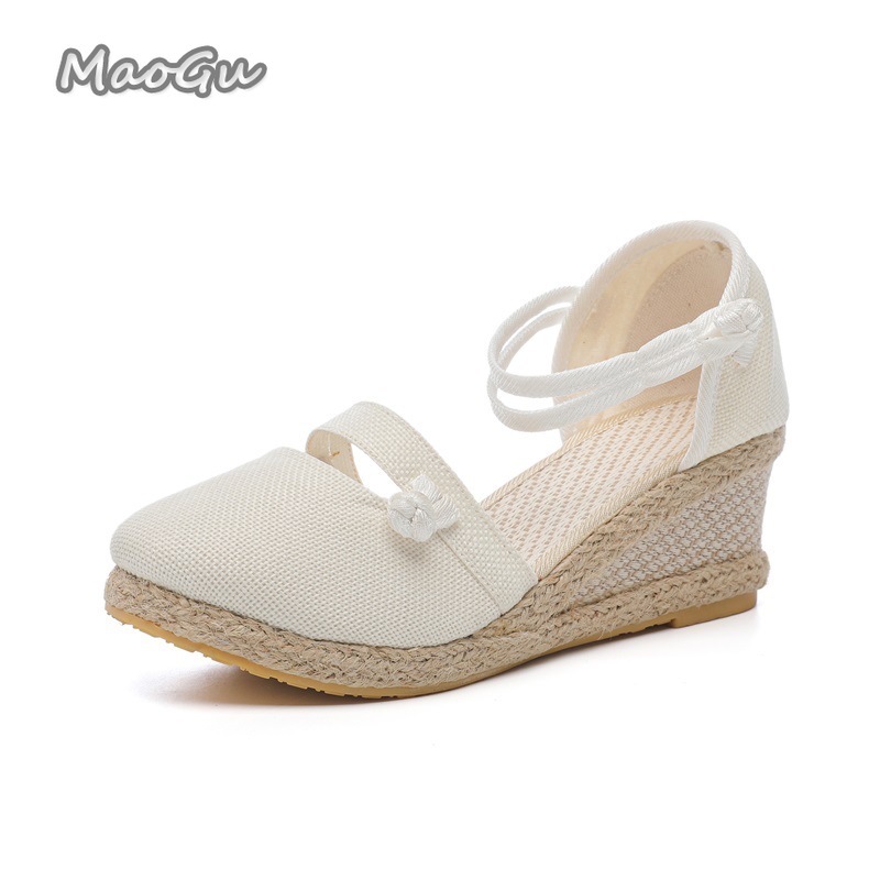 Espadrille Wedge Shoes - Damen-Espadrille-Keilsandalen aus Leinen mit runder Zehenpartie,
