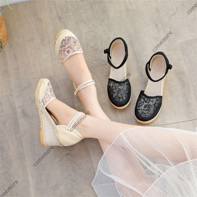 Espadrille Wedge Shoes - Damen-Sandalen mit Spitze und Mesh, Espadrille-Keilabsatz,